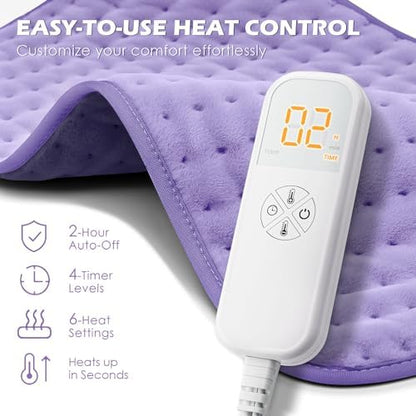 Extra large purple heating pad laid flat demonstrating twelve by twenty four inch full coverage size