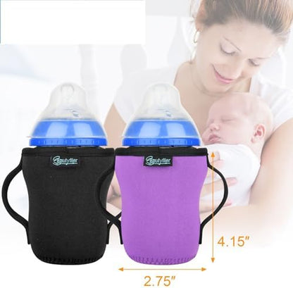 Neoprene baby bottle sleeve showing dual handle design