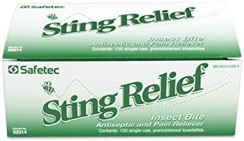 Individually wrapped insect bite relief towelettes spread out next to packaging.