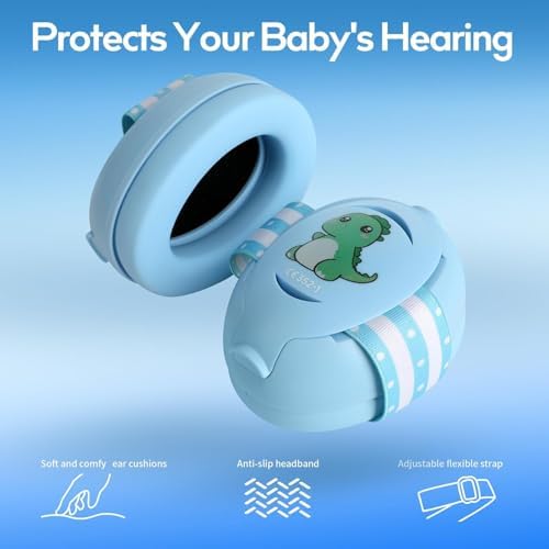 Infant wearing adjustable blue Floriogra ear protection