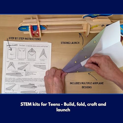 Assembled Pathfinders wooden launcher loaded with a paper plane ready for aerodynamic testing.