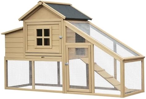 PawHut 69" Wooden Chicken Coop, Poultry Cage Hen House with Connecting Ramp, Removable Tray, Ventilated Window and Nesting Box, Natural - Image 2