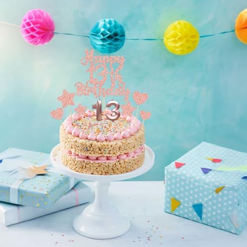 Gyufise 15Pcs Happy 13th Birthday Cake Topper Set with Heart Star Glitter Cheers to 13 Years Cake Picks Number 13 Candles Cake Decorations for Happy 13th Birthday Anniversary Party Supplies Rose Gold - Image 5