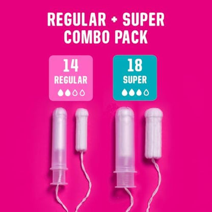 FLO tampons with bio-plastic applicator showing regular and super sizes