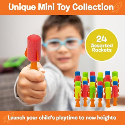 A child pressing down on a colorful soft-tipped foam rocket toy to launch it into the air.