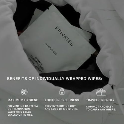 Side view of PRIVATES pH-balanced wipes showing sulfate-free and paraben-free labels