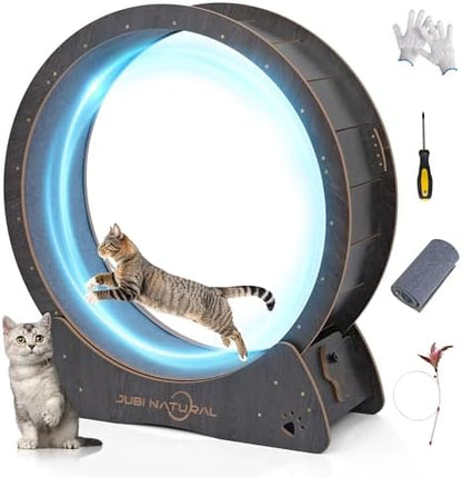 Black wooden cat running wheel with quiet carpet track