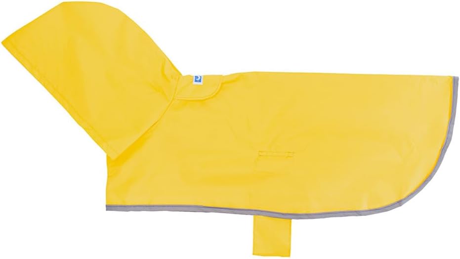 RC Pet Products Packable Dog Rain Poncho Sunshine front view showing the integrated hood on a large breed dog.
