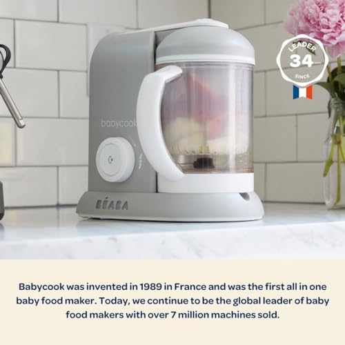 Compact counter top baby food maker showing one handed open mechanism