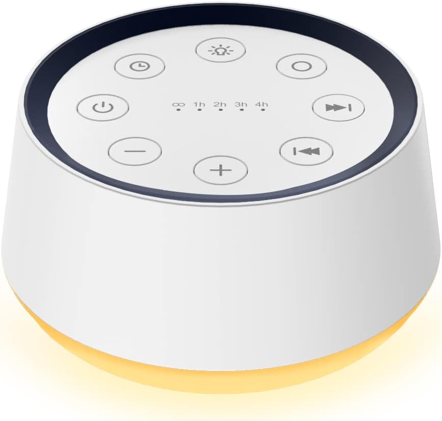 BrownNoise sound machine front view with glowing blue night light for sleep.