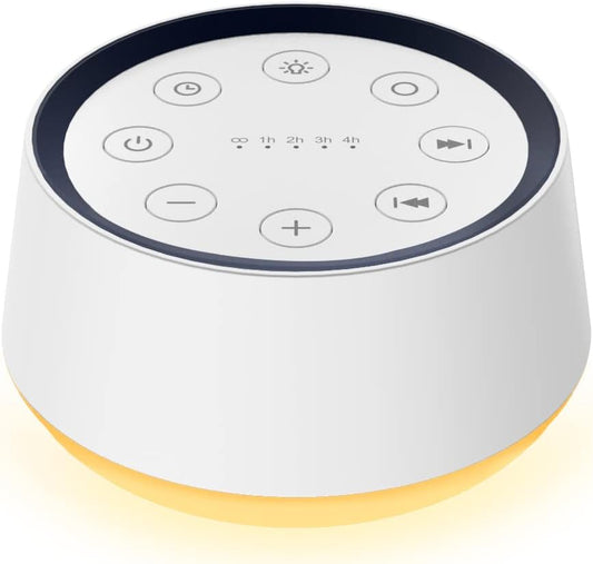 BrownNoise sound machine front view with glowing blue night light for sleep.