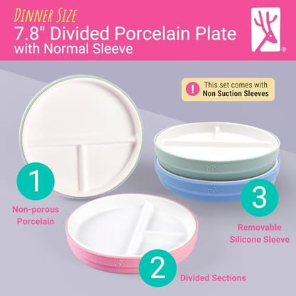 Elk and Friends kids dinnerware set with removable non-slip sleeves
