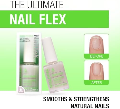 Micro fiber infused nail ridge filler formula clear glass container view.