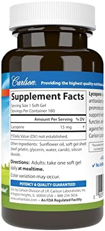 Carlson Lycopene 180 softgels nutrition facts and ingredients label