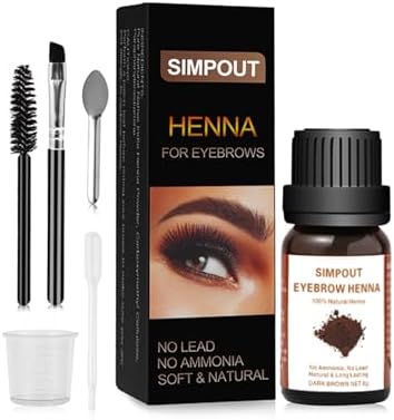 Simpout Henna Eyebrow Tint Kit showcasing powder bottle with included measuring cup and mixing spoon
