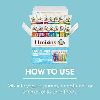 Lifestyle shot of baby eating food with Lil Mixins powder