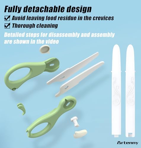 Artenny portable baby feeding scissors stored neatly inside the compact plastic travel case with matching green tongs.