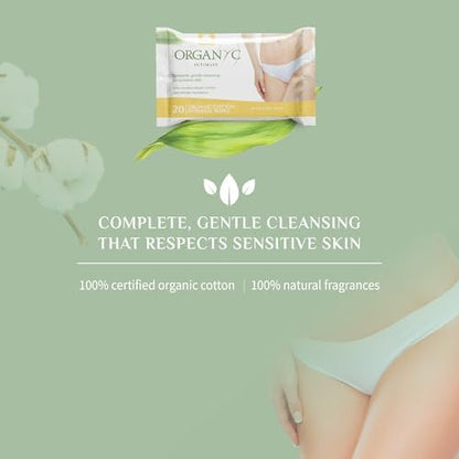 Close up of Organyc feminine wipes packaging highlighting chamomile and calendula extracts.