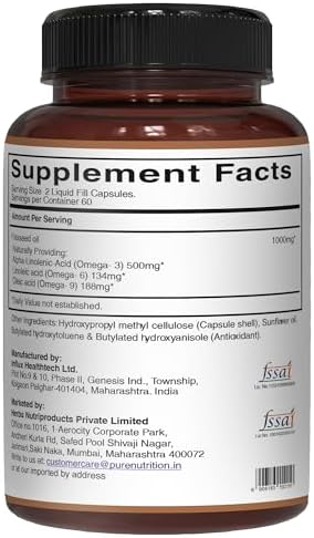 Authentic USA imported Pure Nutrition flaxseed oil 120 count bottle demonstrating plant source alternative to fish oil.