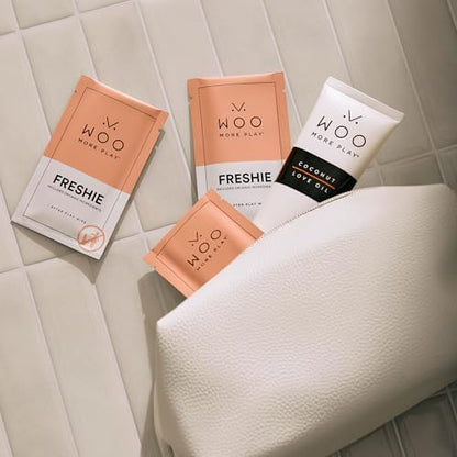 Full set of 10 Woo More Play Freshies wipes spread out for product size reference.