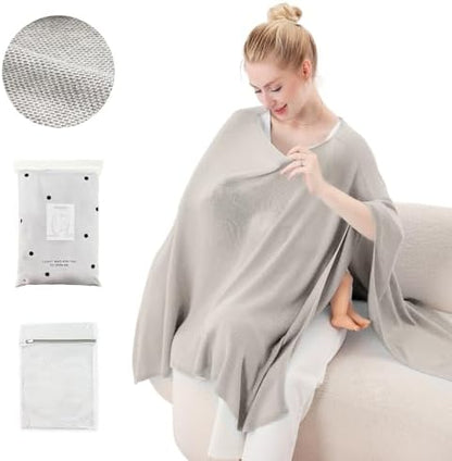 Woman using Pinuotu soft Lyocell nursing cover in public
