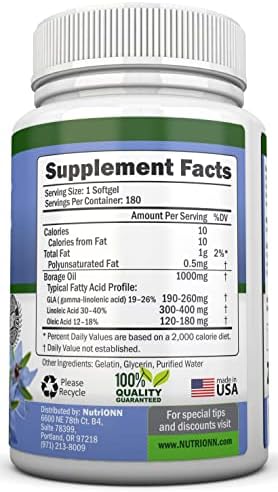 Authentic USA imported NutriONN 180 count borage seed oil dietary supplement packaging details