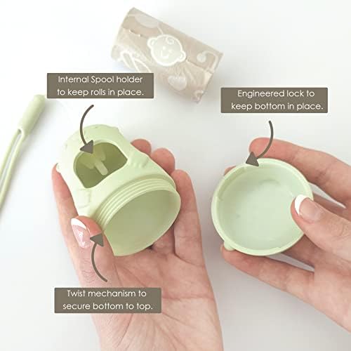 Moodie sage green diaper bag dispenser showing twist-off bottom cap mechanism