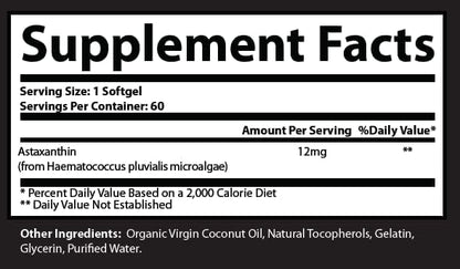 Research Labs Triple Strength Astaxanthin supplement container highlighting the twelve milligram dosage.