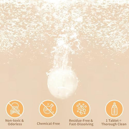 Universal baby appliance cleaner tablets removing calcium deposits and milk residue film.