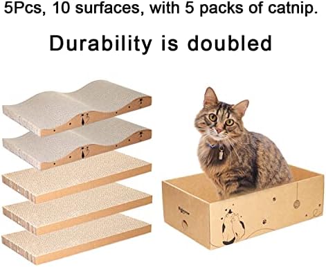 Complete packaging view of the imported RUBMEOW cat scratcher system emphasizing the heavy duty recyclable paper construction.
