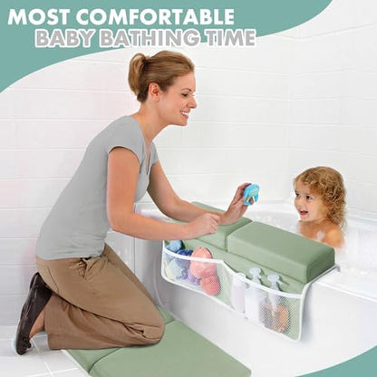 Beiens green baby bath time cushion set folded and hanging to dry in a bathroom.