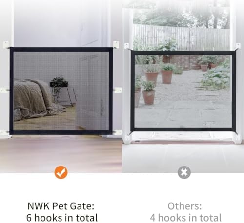 NWK portable folding pet barrier showing the no drill adhesive hook installation system.