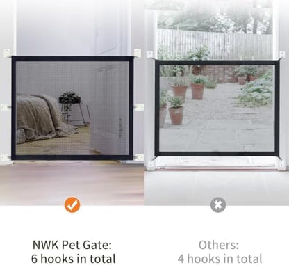 NWK portable folding pet barrier showing the no drill adhesive hook installation system.