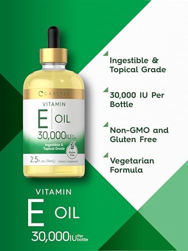 Authentic USA imported Carlyle Vitamin E liquid showing sunflower and wheat germ oil blend indicators