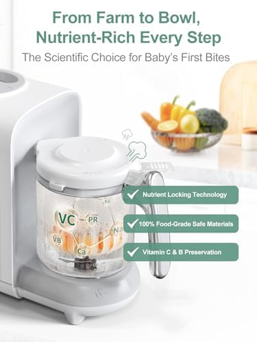 Automatic baby food steamer processing fresh vegetables on a kitchen counter