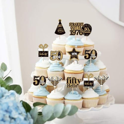 Assorted Hello 50 birthday cupcake toppers on display