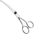 Lilys Pet curved grooming scissors front view showcasing stainless steel blades.