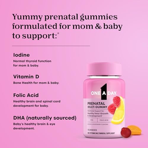 Close-up view of lemon and raspberry flavored prenatal chewable gummies