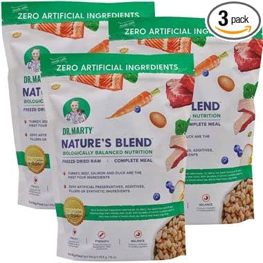 Dr. Marty Nature's Blend Freeze Dried Raw Dog Food 3-pack front view authentic USA premium pet food nutrition packaging.