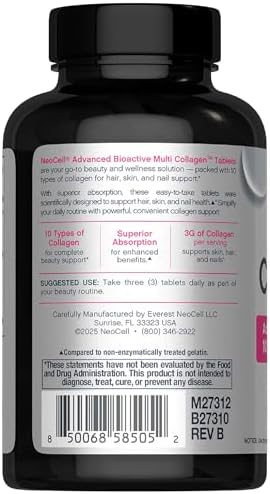 Side profile of Neocell Multi Collagen 120 count bottle highlighting key beauty benefits