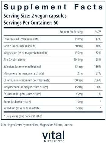 Vital Nutrients bioavailable citrate malate formula trace minerals dietary supplement bottle.