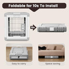 Gardner Pet indoor pet furniture crate styled inside a modern living room setting next to a sofa.