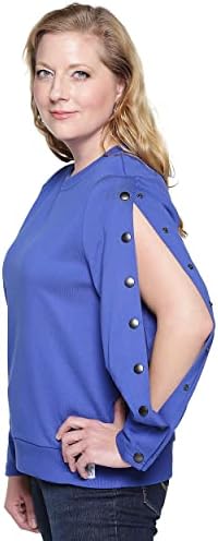 Long sleeve chemotherapy sweatshirt for women showing comfortable fit and modest design.