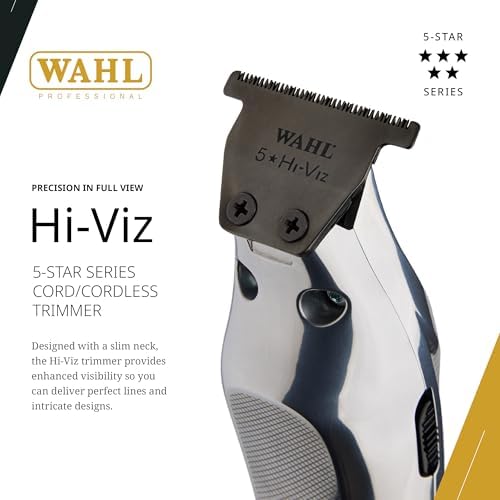 Wahl Professional Hi-Viz cordless hair trimmer showcasing the wide diamond-like carbon coated T-blade.