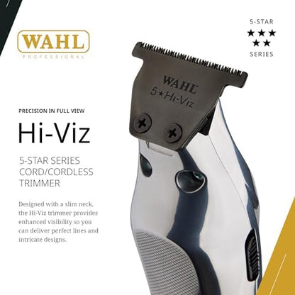 Wahl Professional Hi-Viz cordless hair trimmer showcasing the wide diamond-like carbon coated T-blade.