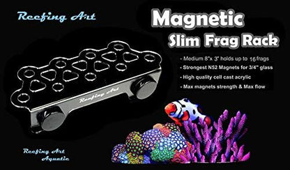 Reefing Art premium acrylic coral propagation rack mounted on an aquarium glass wall.