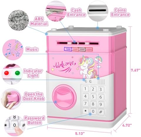 JUNEU pink kids money vault highlighting the password keypad operation and indicator lights.