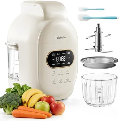 Felizbebe baby food processor displaying the high borosilicate glass bowl assembly and stainless steel blades
