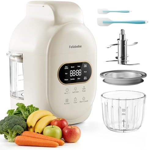 Felizbebe baby food processor displaying the high borosilicate glass bowl assembly and stainless steel blades