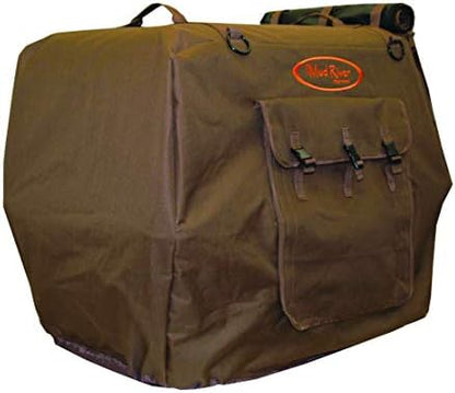 Mud River Bedford dog kennel protection cover close up view of the dual top web carry handles